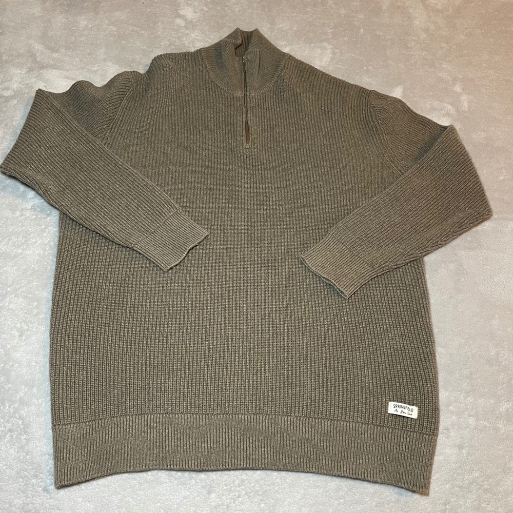Springfield Mens 2XL Brown Cotton 1/4 Zip Ribbed Knit Pullover Sweater Casual